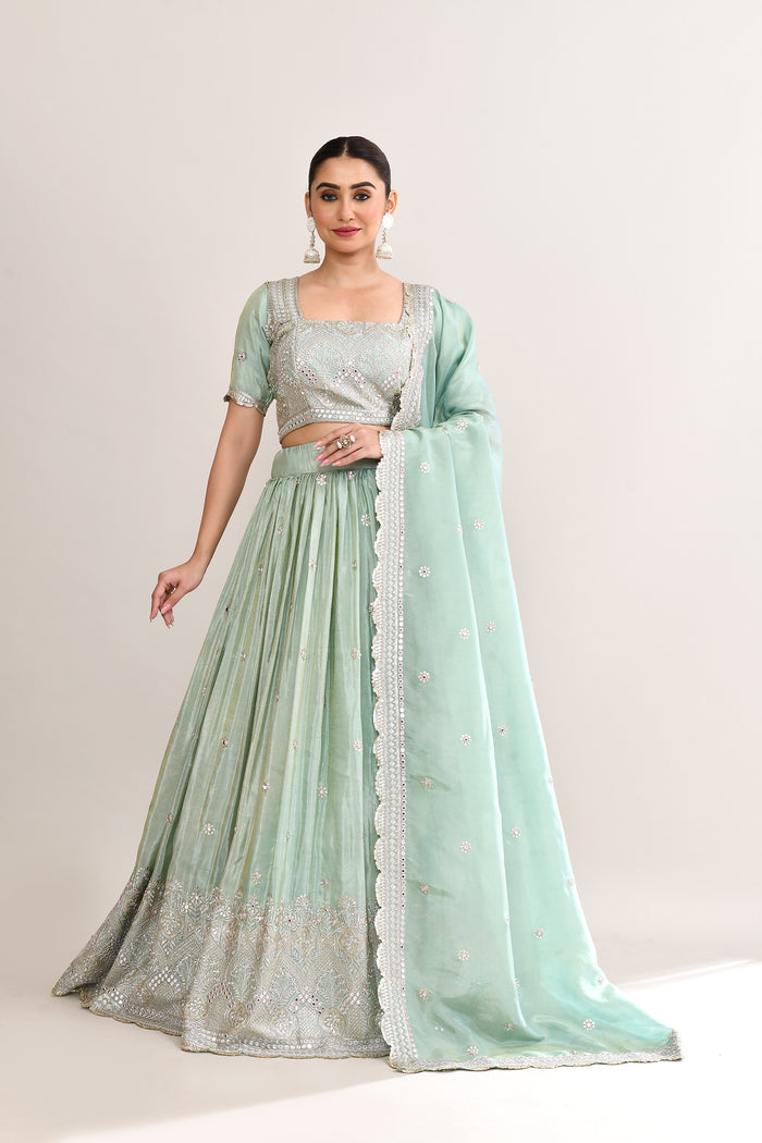 Pastel Soft Green Shimmer Embroidered Lehenga Set