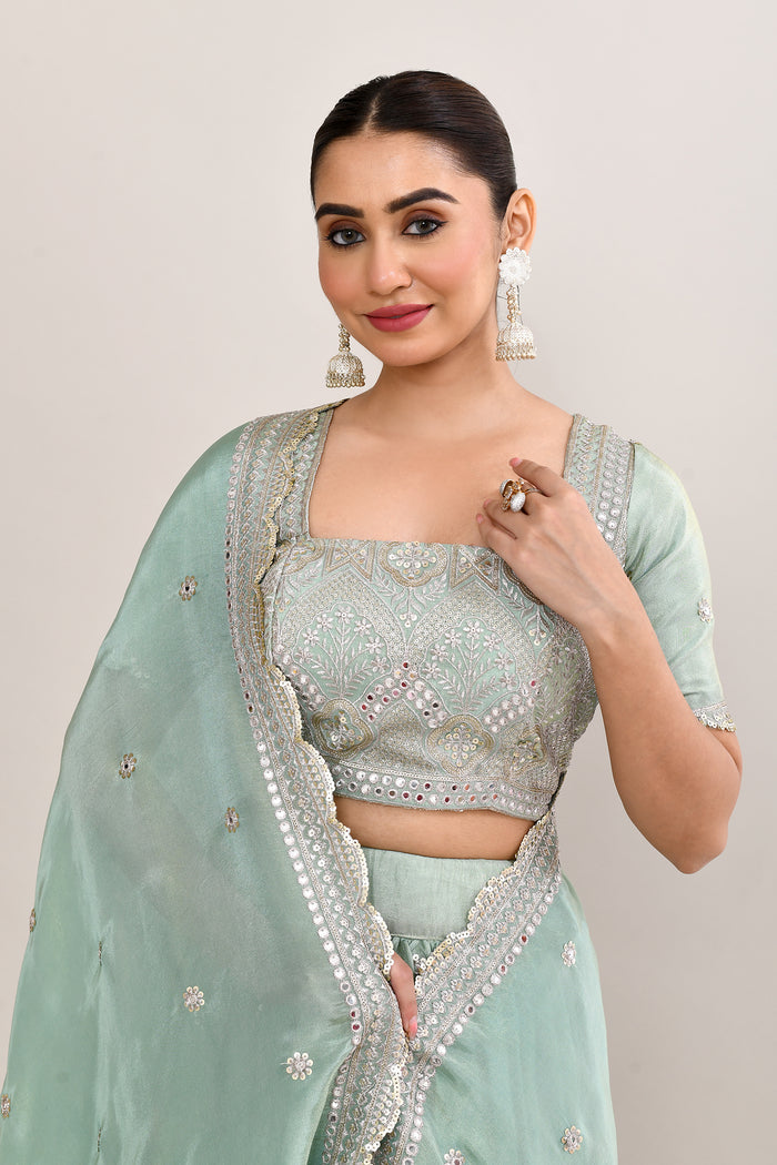 Pastel Soft Green Shimmer Embroidered Lehenga Set