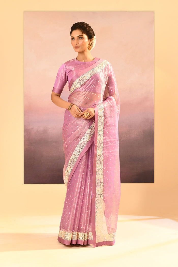 Pastel Soft Pink Tissue Embroidered Saree