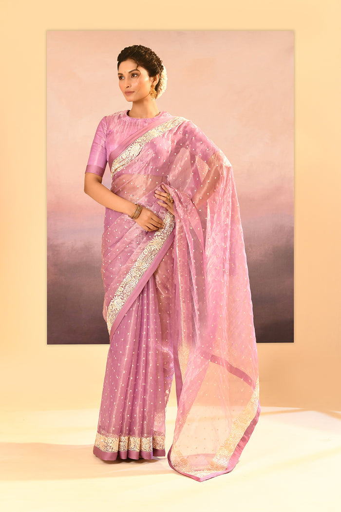 Pastel Soft Pink Tissue Embroidered Saree