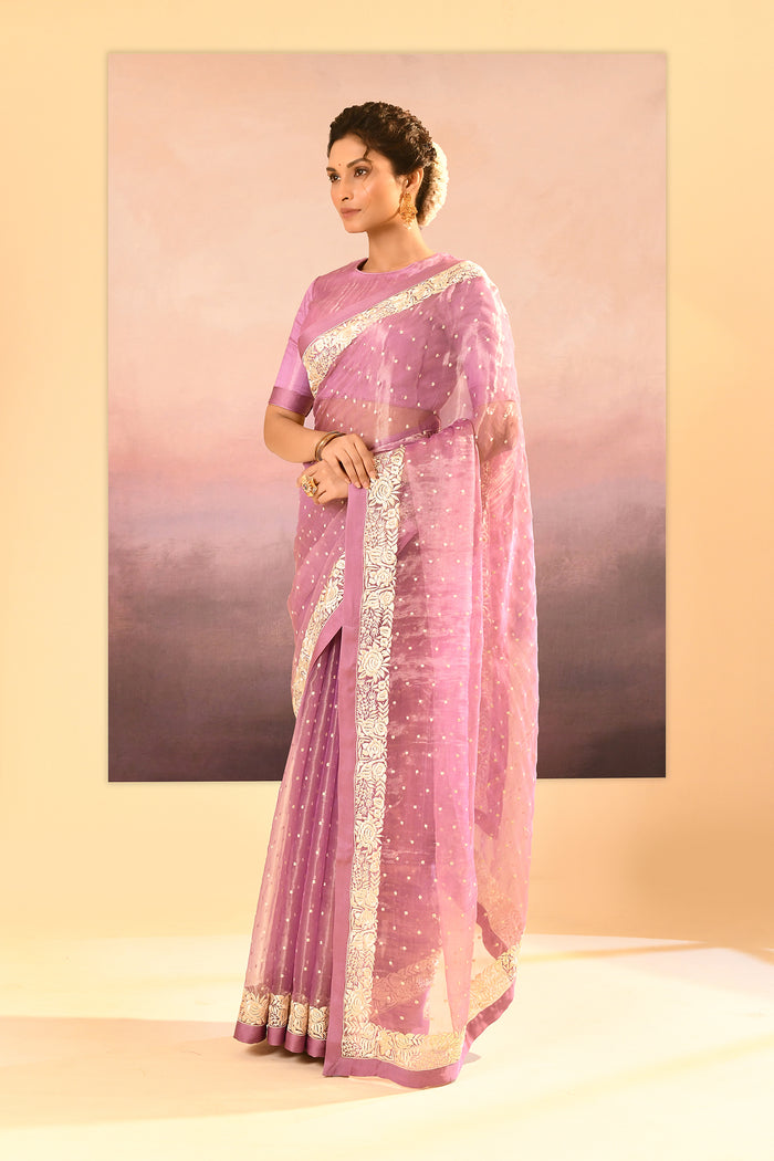 Pastel Soft Pink Tissue Embroidered Saree