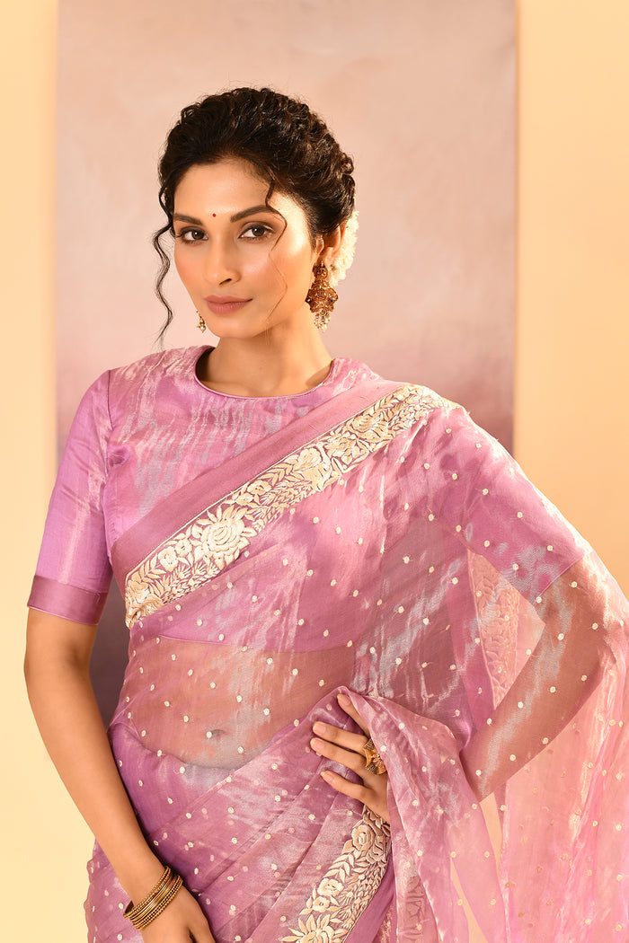 Pastel Soft Pink Tissue Embroidered Saree