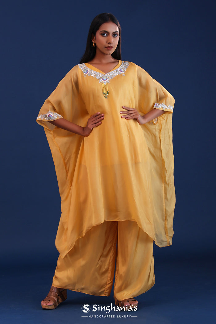 <img> Pastel Yellow Soft Tissue And Crepe Silk Solid Kaftan Set