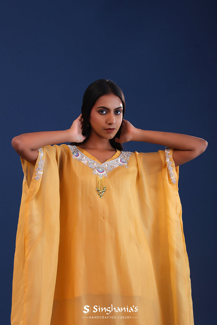 <img> Pastel Yellow Soft Tissue And Crepe Silk Solid Kaftan Set