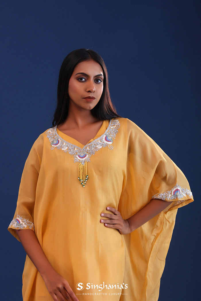 <img> Pastel Yellow Soft Tissue And Crepe Silk Solid Kaftan Set