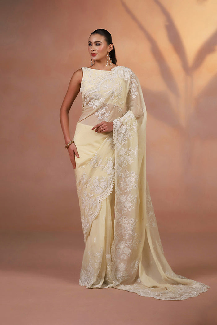Pastel Yellow Thread Embroidered Organza Saree