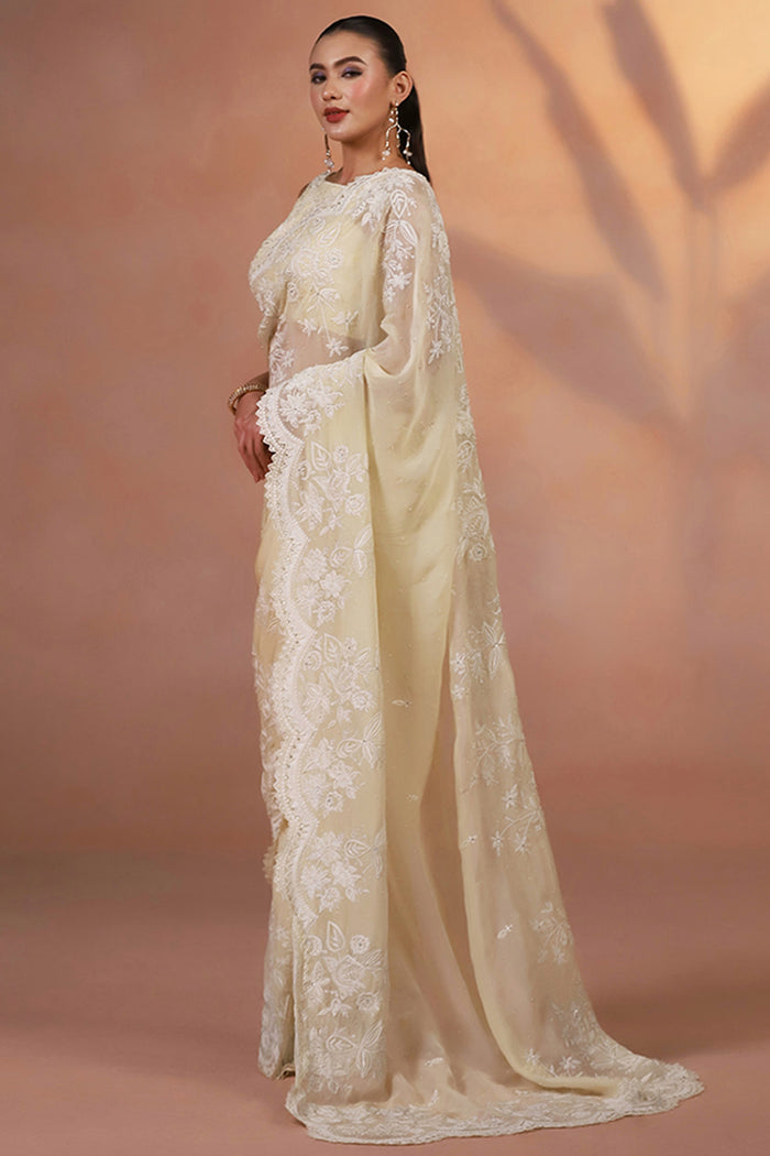Pastel Yellow Thread Embroidered Organza Saree