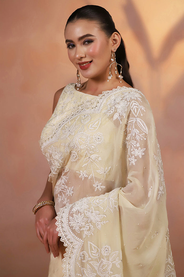 Pastel Yellow Thread Embroidered Organza Saree