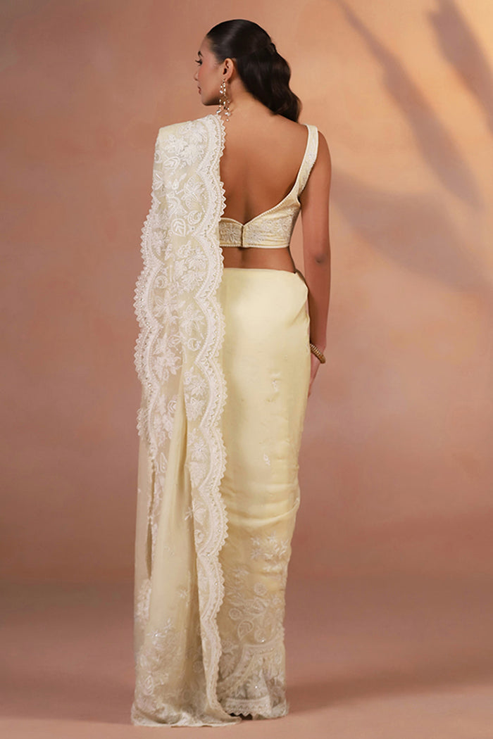 Pastel Yellow Thread Embroidered Organza Saree