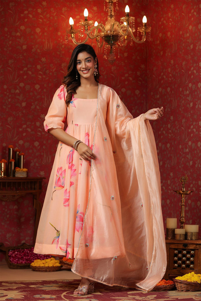 <img> Peach Chanderi Floral Printed Anarkali Set