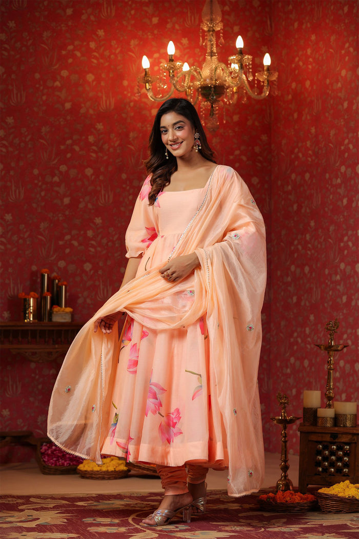 <img> Peach Chanderi Floral Printed Anarkali Set