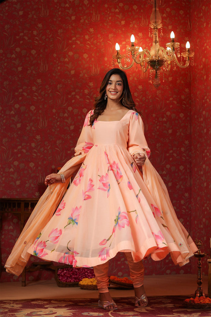 <img> Peach Chanderi Floral Printed Anarkali Set