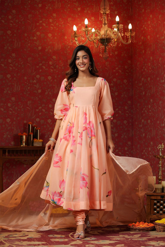 <img> Peach Chanderi Floral Printed Anarkali Set