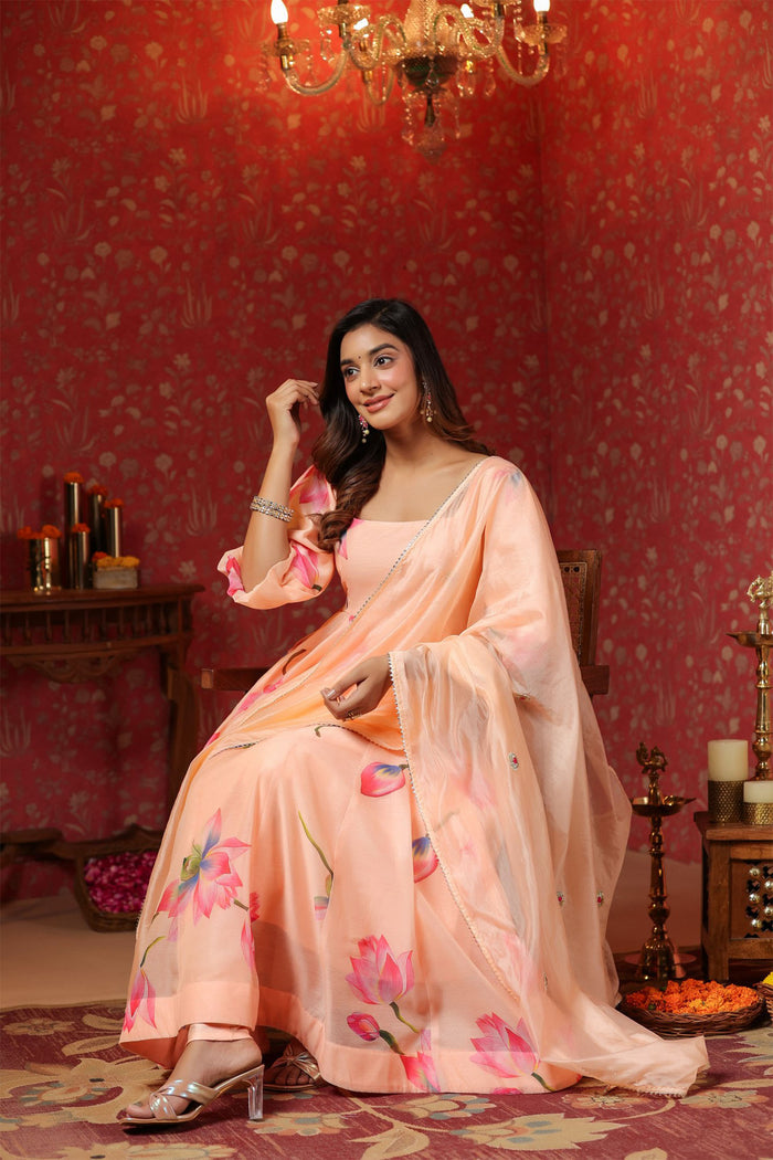 <img> Peach Chanderi Floral Printed Anarkali Set