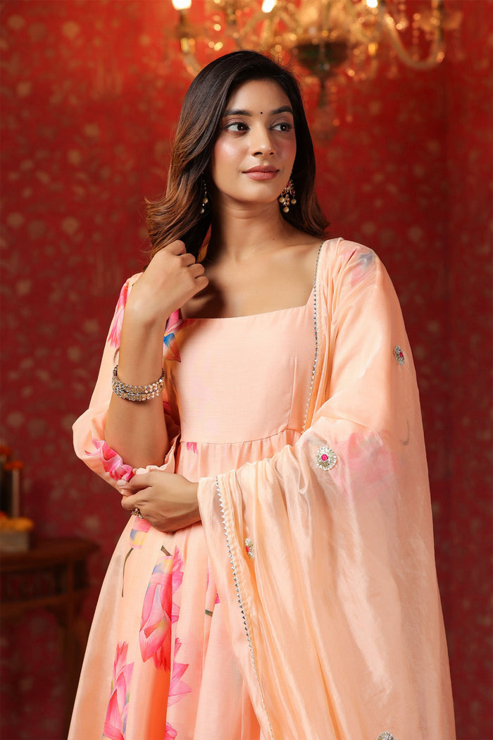 <img> Peach Chanderi Floral Printed Anarkali Set