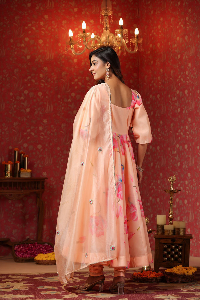 <img> Peach Chanderi Floral Printed Anarkali Set