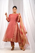 <img> Peach Chanderi Kurta Set With Antique Zari Detailing