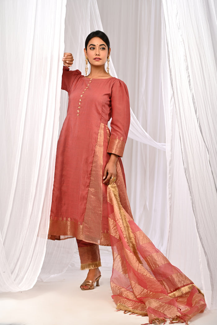 <img> Peach Chanderi Kurta Set With Antique Zari Detailing