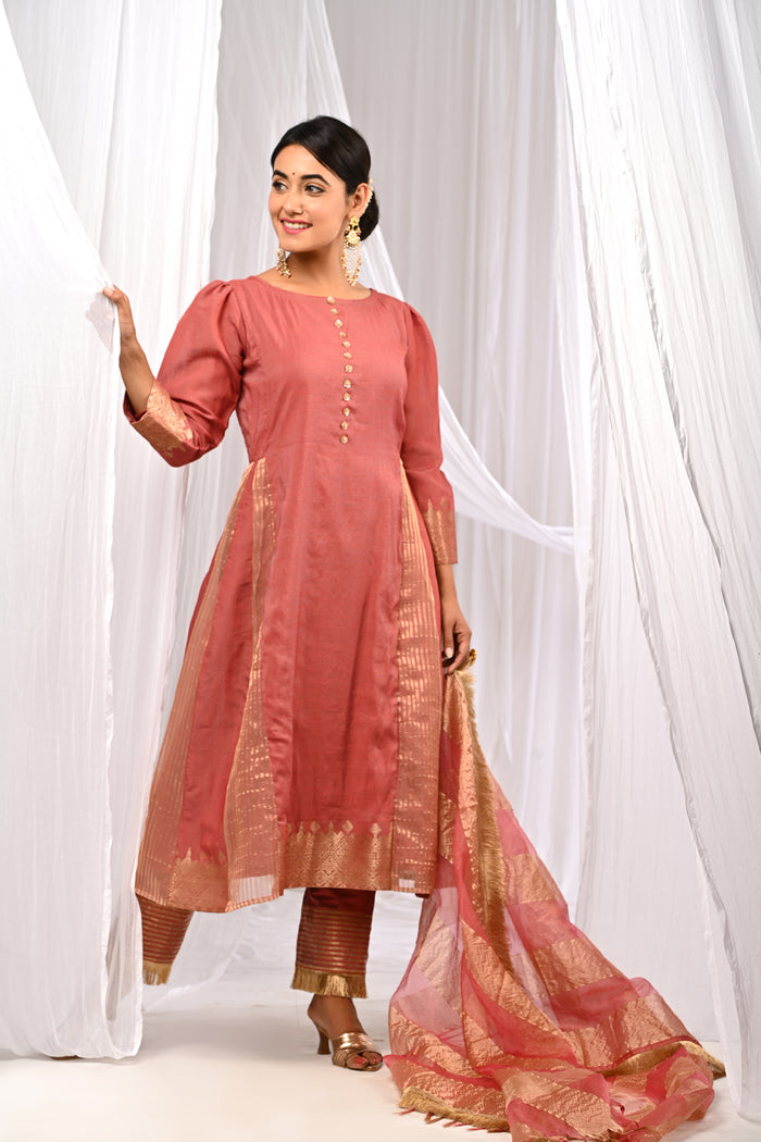 <img> Peach Chanderi Kurta Set With Antique Zari Detailing