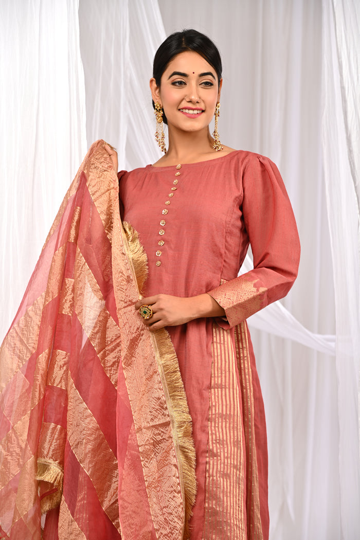 <img> Peach Chanderi Kurta Set With Antique Zari Detailing