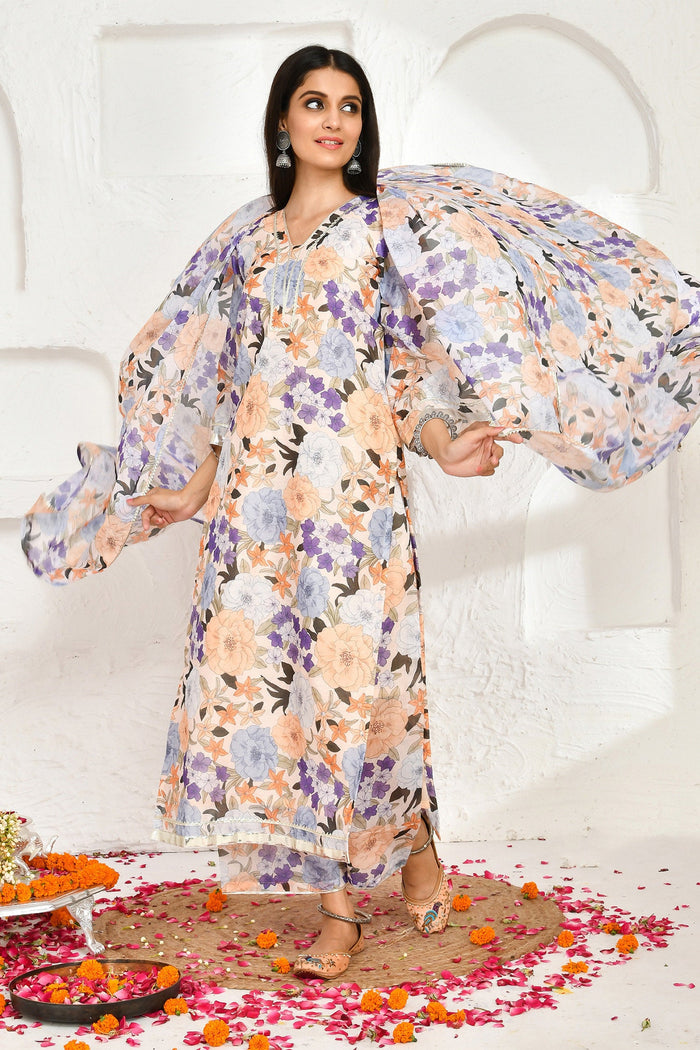 Peach Chanderi Kurta Set With Floral Prints