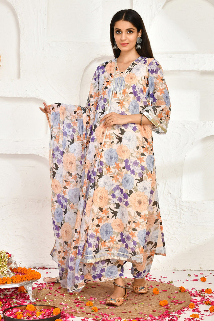 Peach Chanderi Kurta Set With Floral Prints