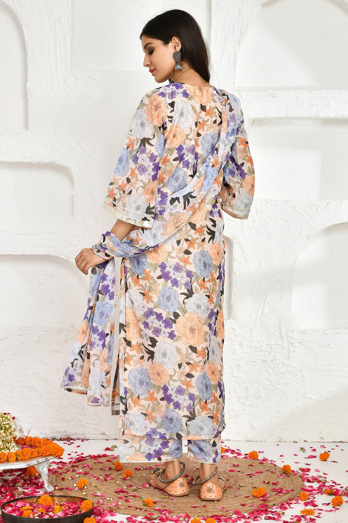 Peach Chanderi Kurta Set With Floral Prints