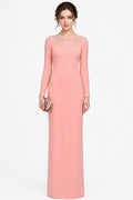 Peach Crepe Body Hugging Prom Dress With Sheer Lattice Beaded Sleeves
