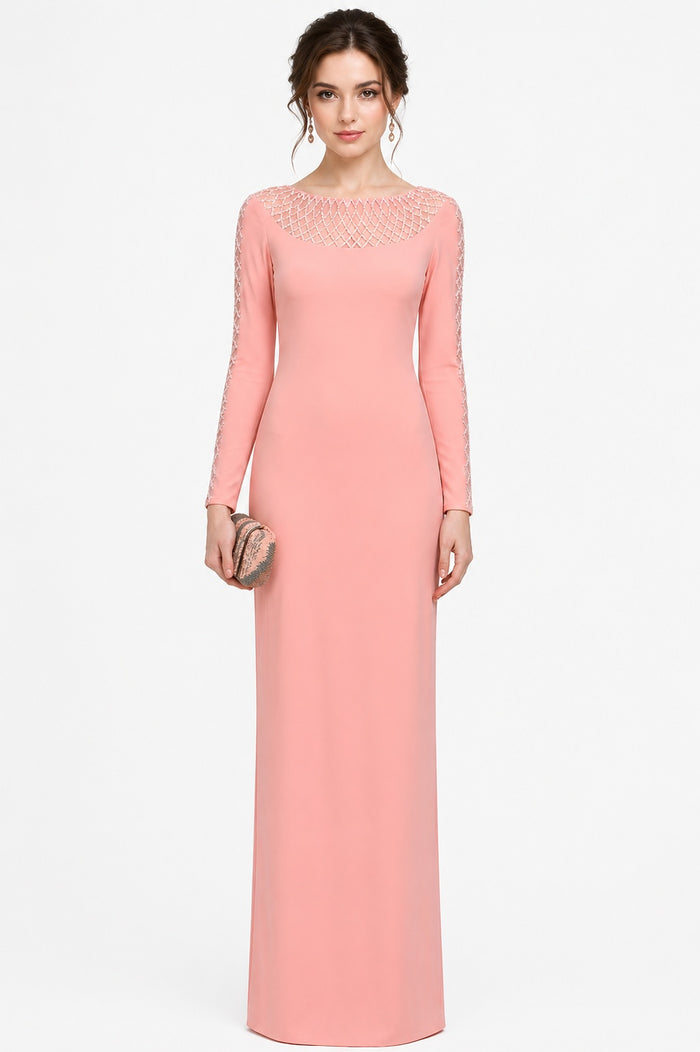 Peach Crepe Body Hugging Prom Dress With Sheer Lattice Beaded Sleeves