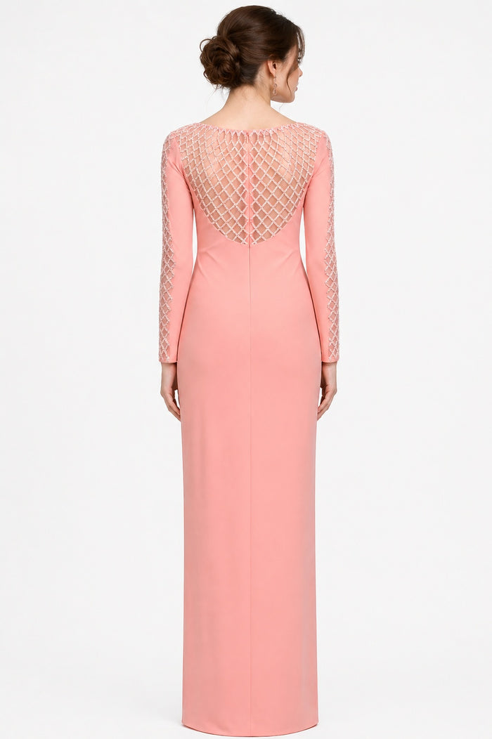 Peach Crepe Body Hugging Prom Dress With Sheer Lattice Beaded Sleeves