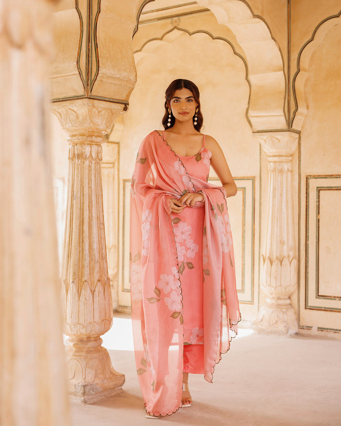 Peach Floral Print Cotton Co-Ord With Scalloped Dupatta