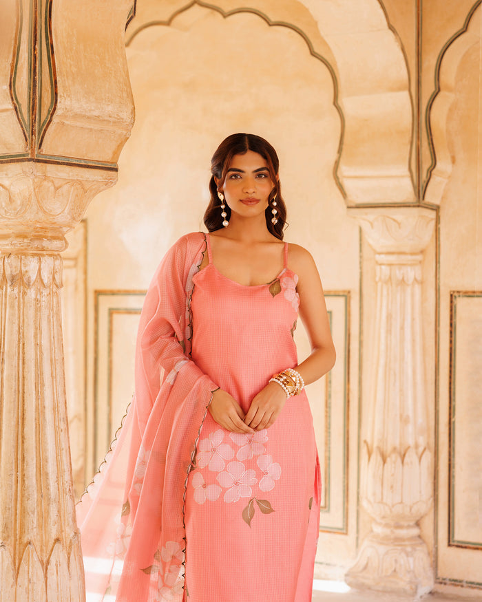 Peach Floral Print Cotton Co-Ord With Scalloped Dupatta