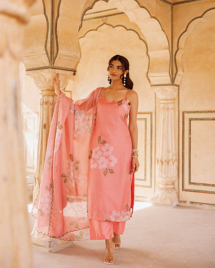 Peach Floral Print Cotton Co-Ord With Scalloped Dupatta