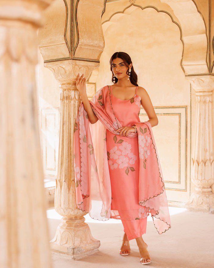 Peach Floral Print Cotton Co-Ord With Scalloped Dupatta