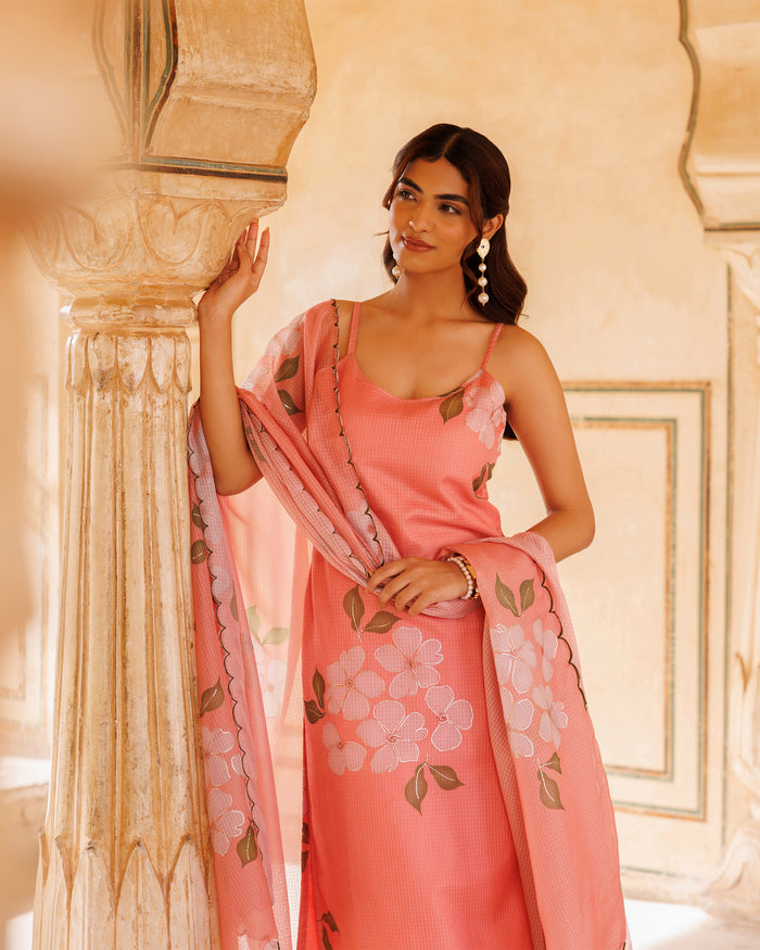 Peach Floral Print Cotton Co-Ord With Scalloped Dupatta