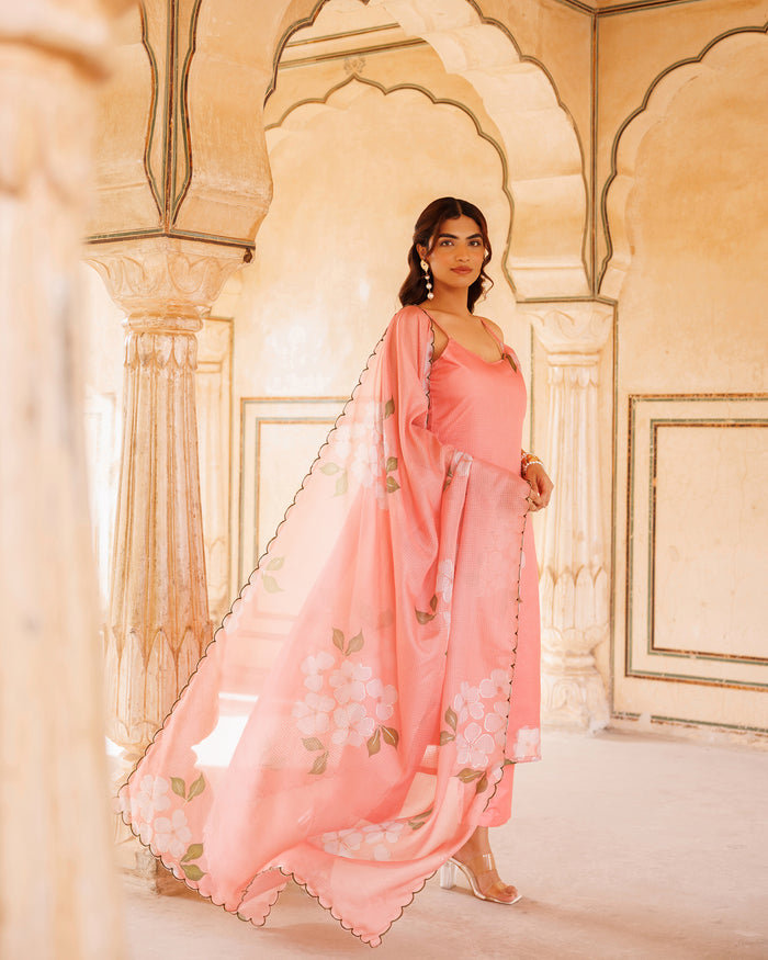 Peach Floral Print Cotton Co-Ord With Scalloped Dupatta