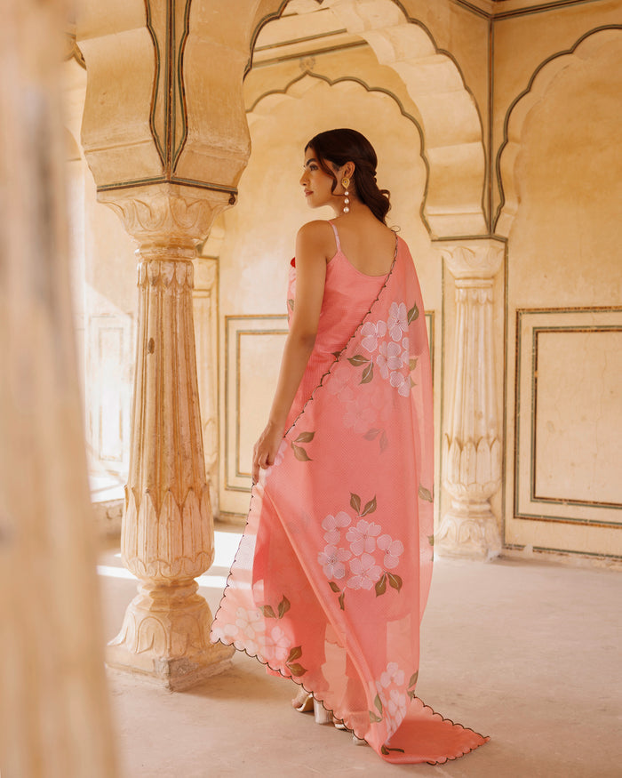 Peach Floral Print Cotton Co-Ord With Scalloped Dupatta