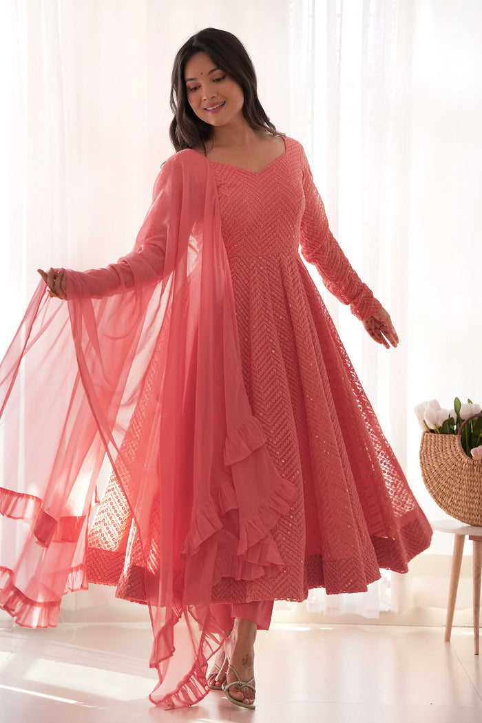 Peach Georgette Sequin Embroidered Anarkali Set