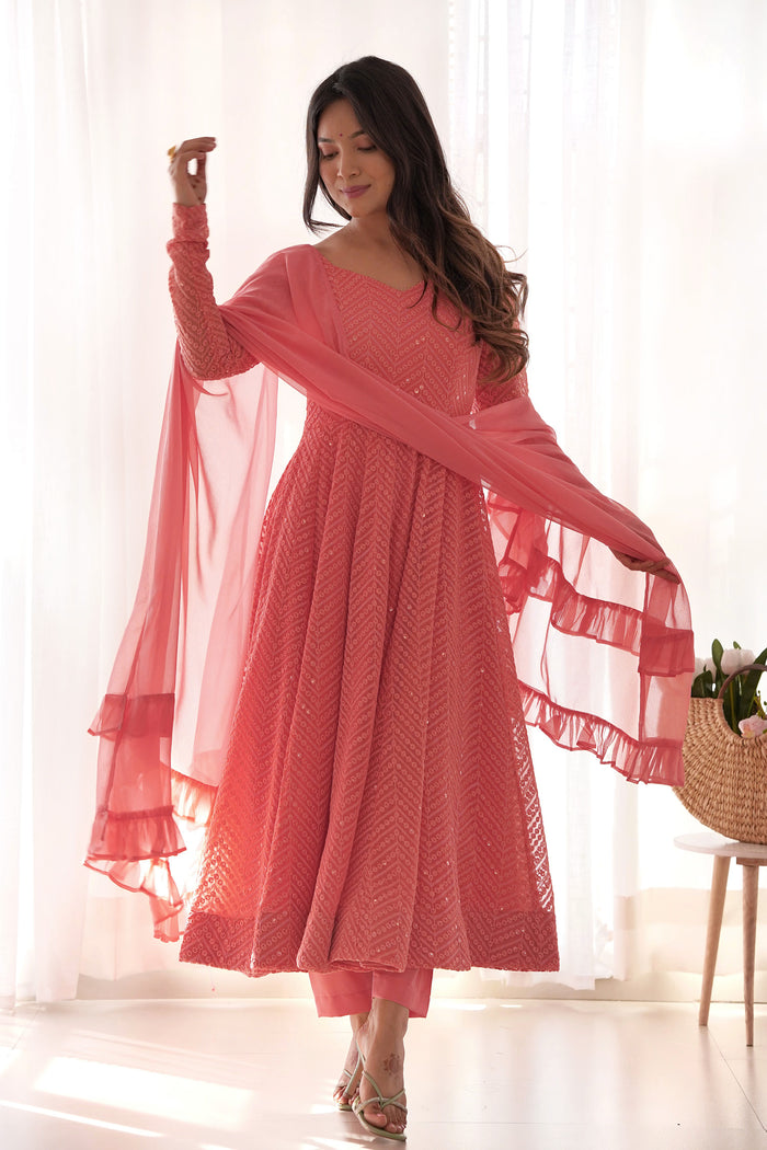 Peach Georgette Sequin Embroidered Anarkali Set
