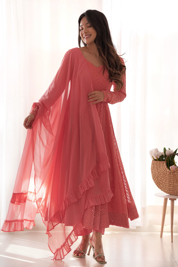 Peach Georgette Sequin Embroidered Anarkali Set