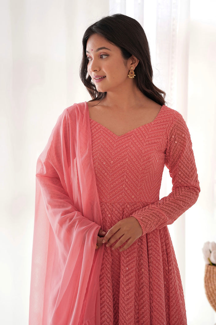 Peach Georgette Sequin Embroidered Anarkali Set