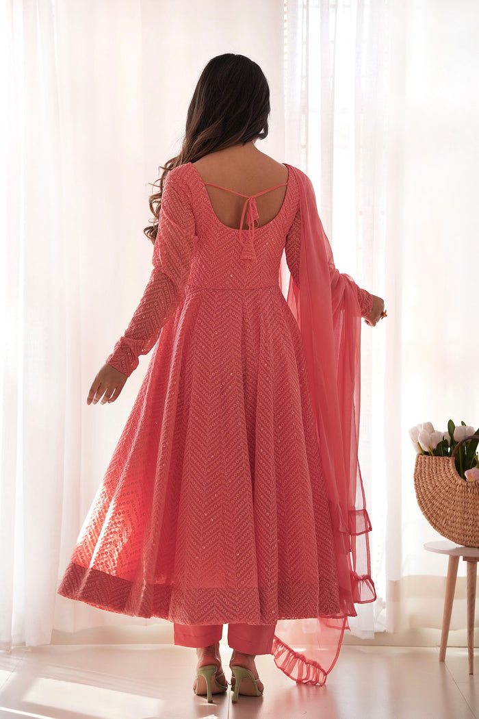 Peach Georgette Sequin Embroidered Anarkali Set