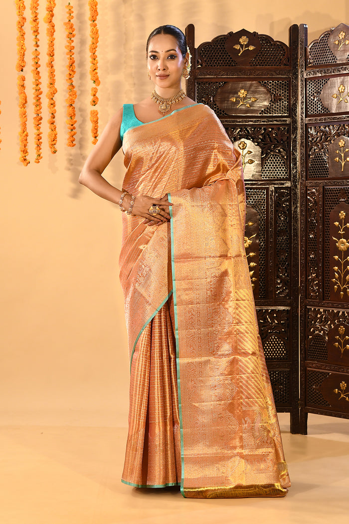 Peach Gold Contrast Tissue Kanjivaram Silk Saree