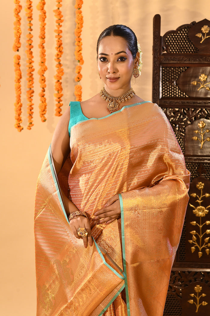 Peach Gold Contrast Tissue Kanjivaram Silk Saree