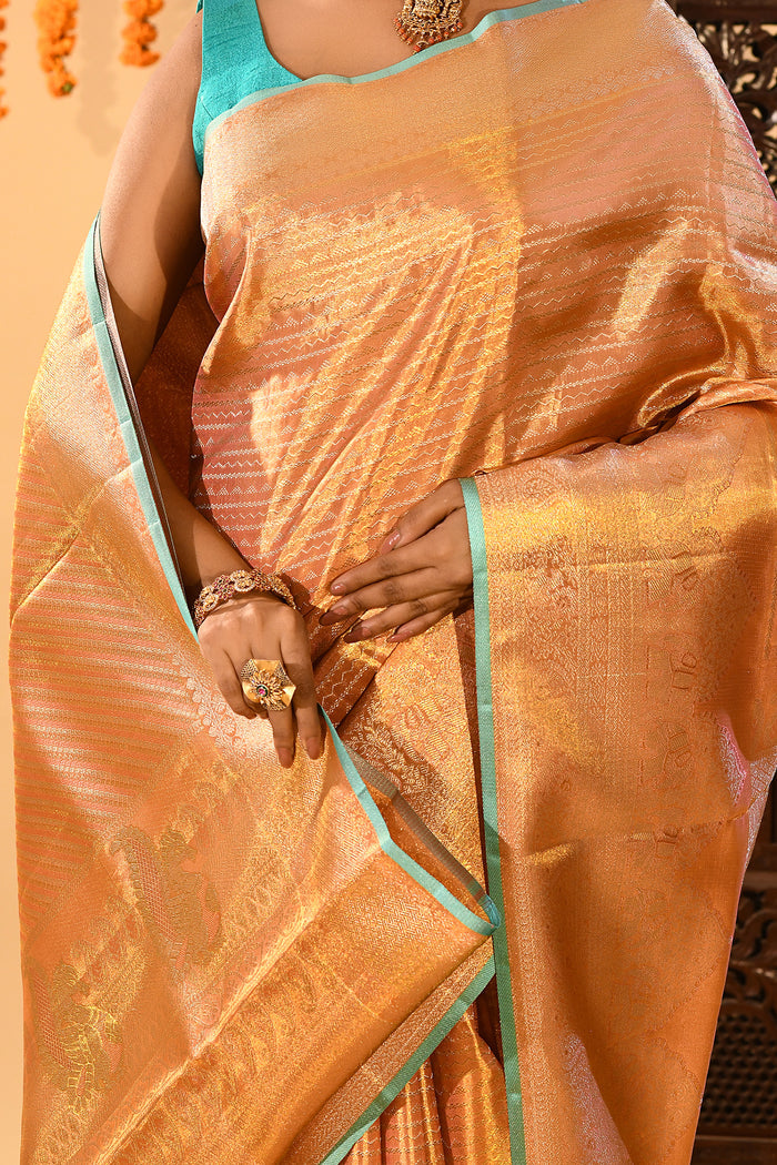 Peach Gold Contrast Tissue Kanjivaram Silk Saree