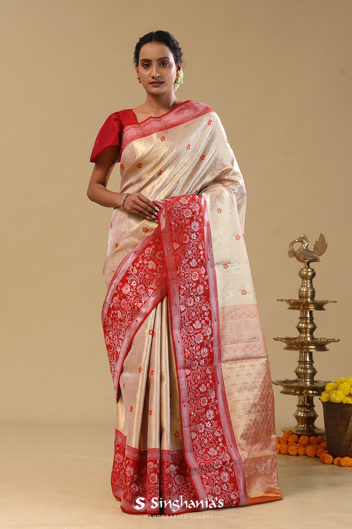 Peach Gold Kanjivaram Tissue Saree With Designer Border