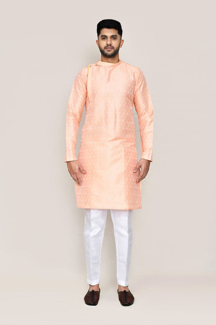 Peach Jacquard Silk Kurta Set