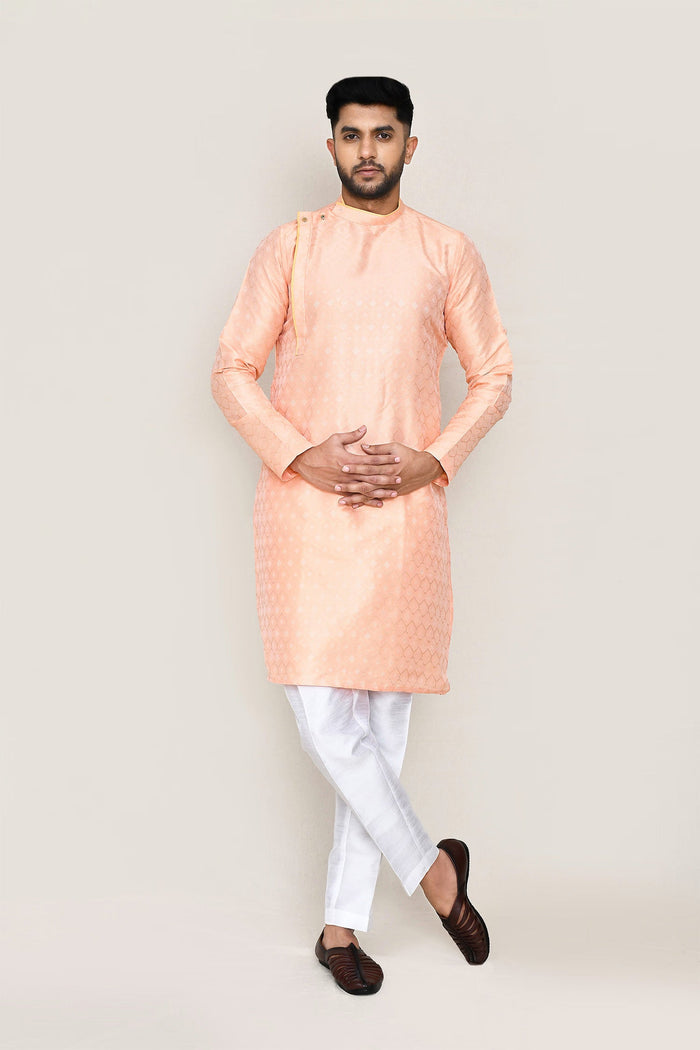 Peach Jacquard Silk Kurta Set