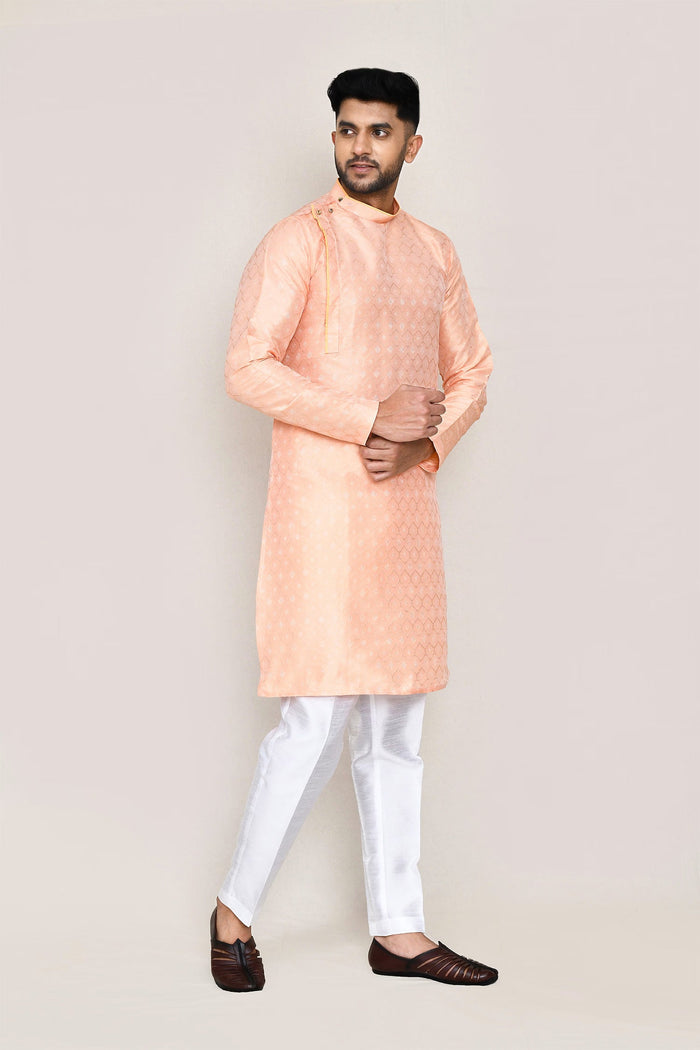 Peach Jacquard Silk Kurta Set