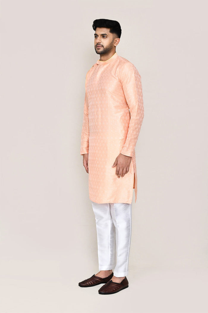 Peach Jacquard Silk Kurta Set